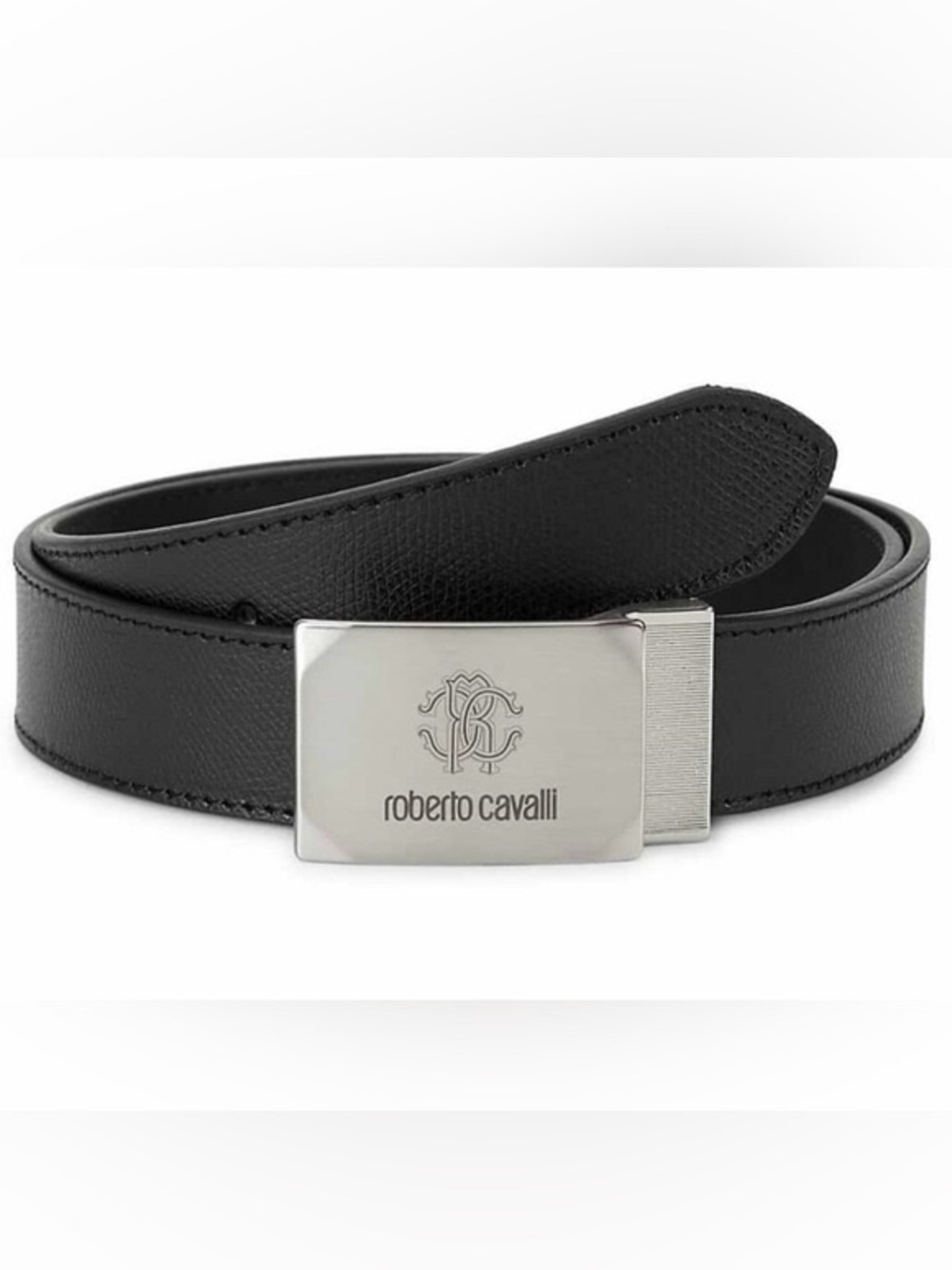 Roberto Cavalli Black Leather Belt with Silver Logo Plate